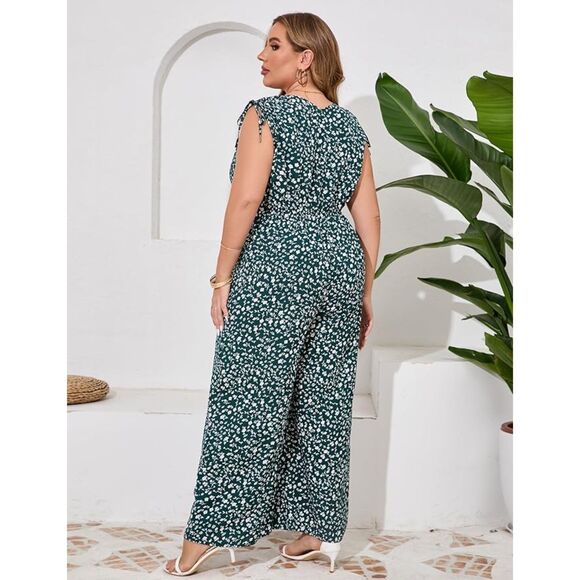 Dark Green Floral Wide Leg Jumpsuit Romper Size 5XL - Picture 3 of 5